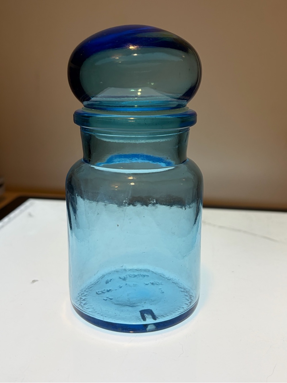 Blue Made in Belgium Glass Apothecary Jar with Bubble Top 5 in tall & 3 in wid